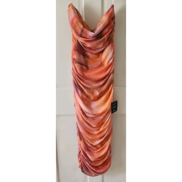 LULUS BODYCON DRESS WOMENS LARGE ORANGE PEACH RUCHED STRAPLESS MIDI NEW WITH TAG - Picture 1 of 8